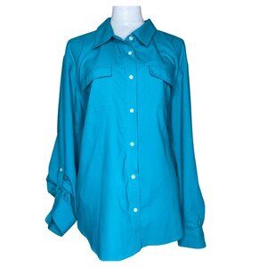 Coolibar UPF 50+ Turquoise Blue Vented Roll Tab Button Down Travel Shirt Top 2X